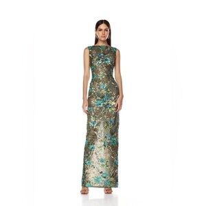 NWOT BRONX AND BANCO Violet Teal Maxi Dress , Elegant Floral Evening Gown